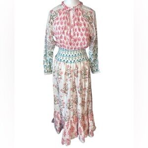 100% Cotton HEMANT & NANDITA High Slit Floral Boho Peasant Dress Maxi Cottage